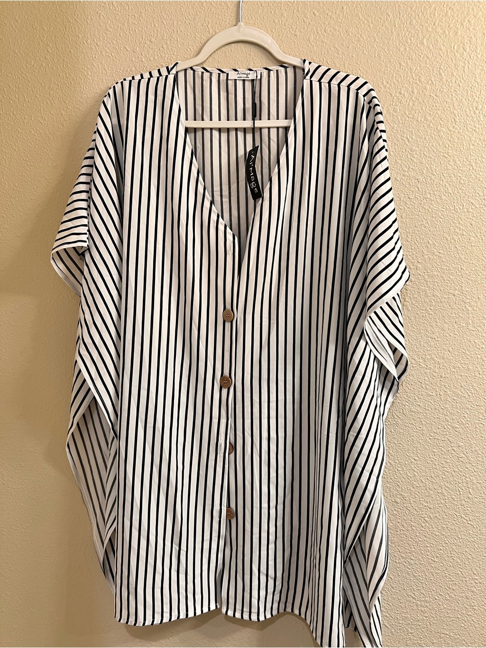 Striped Button-Front Poncho Top — Black & White